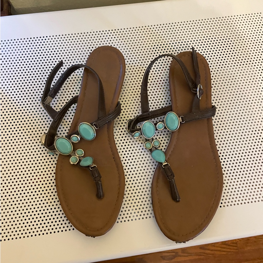 Women’s size 10 turquoise gem dressy sandals. Some stretch and minor wear.